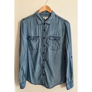 Per Se Denim Chambray Long-Sleeve Button-Down Shirt Women’s M